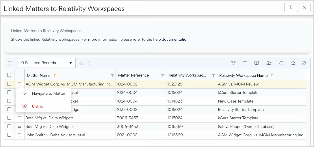 Table displaying linked matters and their corresponding Relativity workspaces and references.